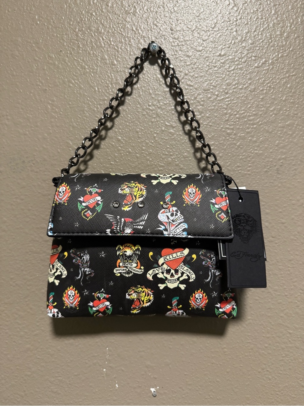 Ed Hardy Black Tattoo-Print Chain Shoulder Bag with Multicolor Accents